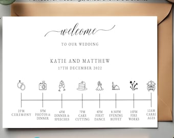 Wedding Welcome Timeline Sign Template, Editable Order of the Day Sign with Icons, Modern Black White Wedding Printable Download