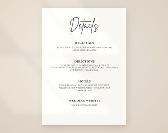 May include: A white wedding details card with black text. The header reads Details in script. Sections include Reception, Directions mentioning Finchley Central, Hotels, and Wedding Website with a placeholder for yourwedding.website.