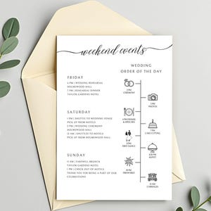 Wedding Events Card Template | Weekend Timeline with Icons | Wedding Welcome Bag Note, Minimalist Printable Order of Day, Editable Template
