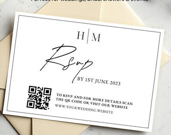 Tarjeta de respuesta de boda con código QR, inserto de monograma en blanco y negro, tarjeta de respuesta de boda editable e imprimible en Canva.