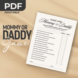 Raad eens wie papa of mama spel, babyshowerspel pdf, wie zei het, grappige babyshower afdrukbaar, minimalistisch spel, genderneutraal trivia, pdf