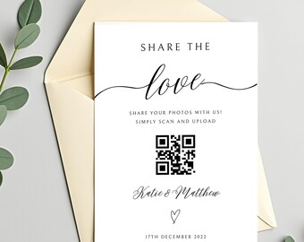 Sjabloon voor bord met QR-code trouwfoto, deel de liefdesfoto uploadbord, scan en deel trouwfoto's, bewerkbare canva-download