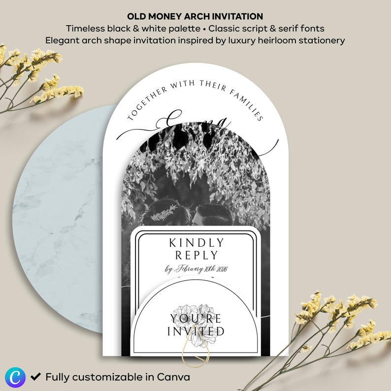 Modern Arch Wedding Invitation Template | Black and White Elegant ...