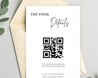 Wedding Information Card Template, The Finer Details Insert with QR Code, Minimalist Wedding Details Card, Editable Canva Download