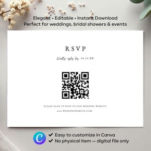 Peut inclure: Carte RSVP blanche avec texte noir, incluant "RSVP" et un code QR. La carte comprend également le texte "Veuillez scanner pour répondre à notre site web de mariage" et "www.WEDDINGWEBSITE.COM". Pour mariages et événements.