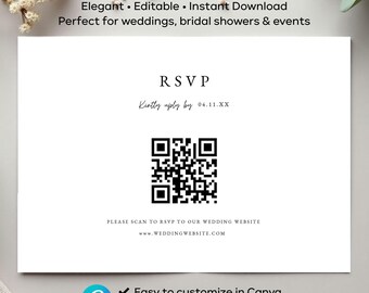 Carte QR code RSVP, carte-réponse en ligne pour mariage minimaliste, encart RSVP en toile modifiable, carte de site Web de mariage moderne