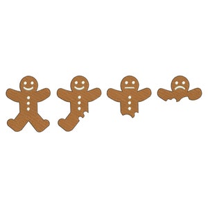 Puede incluir: Se muestra una galleta de hombre de jengibre en cuatro etapas de ser comida. La primera galleta está entera, la segunda tiene un mordisco, la tercera tiene un mordisco más grande y la cuarta solo son unas pocas migajas.