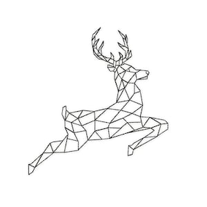 Puede incluir: Un diseño de reno geométrico negro saltando sobre un fondo blanco. El reno está compuesto por líneas interconectadas, creando un efecto poligonal. Las astas son prominentes y el estilo general es moderno y minimalista.