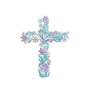 May include: A white cross with blue and purple flowers embroidered on it.