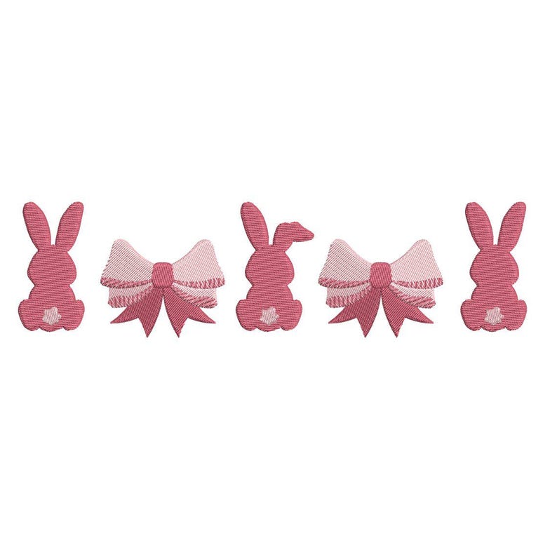 Op de afbeelding: Vijf roze geborduurde ontwerpen, waaronder drie konijnen en twee strikken, zijn in een rij gerangschikt. De konijnen kijken naar links en rechts, terwijl de strikken gecentreerd zijn.