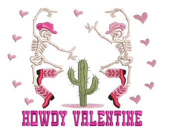 Valentine Dancing Skeletons Embroidery Designs, Howdy Valentines day Embroidery Design, Holiday Machine Embroidery File