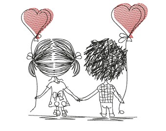 Puede incluir: Un dibujo en blanco y negro de una niña y un niño tomados de la mano. Ambos están de espaldas al espectador. La niña sostiene un globo rojo en forma de corazón y el niño sostiene un globo rojo en forma de corazón.