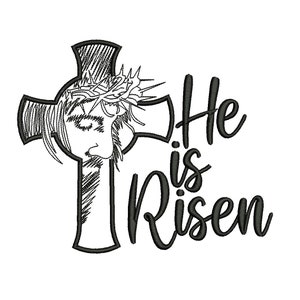 May include: Black and white illustration of Jesus on a cross with a crown of thorns. The text "He is Risen" is written to the right of the cross.