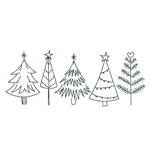 Könnte beinhalten: Fünf verschiedene handgezeichnete Weihnachtsbaum-Designs in schwarzer Umrandung auf weißem Hintergrund. Die Bäume sind mit Sternen und Ornamenten verziert.