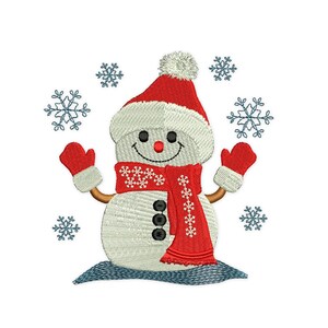 Könnte beinhalten: Ein lächelnder Schneemann mit roter Mütze, Schal und Fäustlingen, weißem Körper und schwarzen Knöpfen. Der Schneemann ist von blauen Schneeflocken umgeben.