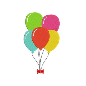 Może przedstawiać: Pięć kolorowych balonów związanych razem czerwoną wstążką. Balony są zielone, różowe, czerwone, niebieskie i żółte.
