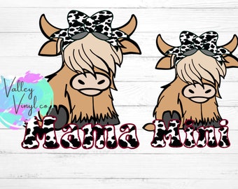 Mom Daughter | Mama & Mini Highland Cow Print Bow Cute Design Only PNG Sublimation