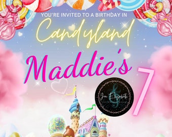 Puede incluir: Una invitación colorida a una fiesta de cumpleaños en Candyland para el séptimo cumpleaños de Maddie. La invitación presenta un castillo de caramelo, un cielo rosa y azul, y una nube rosa con el texto "YOU'RE INVITED TO A BIRTHDAY IN Candyland Maddie's 7".
