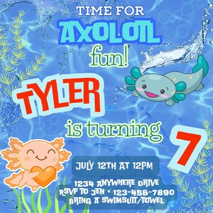 Axolotl Birthday Invitation Template, Axolotl Party, Axolotl Celebration, Boy Birthday, Girl Birthday, Axolotl theme, Kids Invite template
