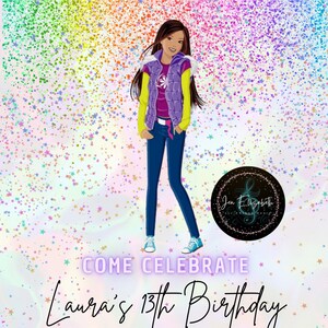 Rainbow Glitter Birthday Invitation Template, teen birthday invitation, girl birthday invitation, editable birthday invitation, printable