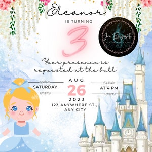 Princess Birthday Invitation Template, Cinderella, Cinderella party, Princess party, girl birthday party invitation, editable birthday