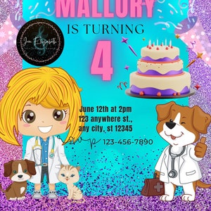 Doctor Birthday Invitation Template, Veterinarian, Girl Doctor, girl birthday invitation, dog lover, editable birthday invitation