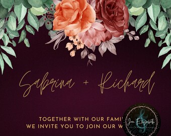 Purple Gold Floral Wedding Invitation Template, purple wedding, bride and groom, getting married, engaged, editable wedding invitation