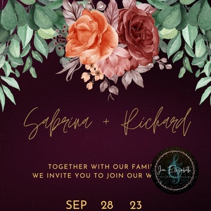 Purple Gold Floral Wedding Invitation Template, purple wedding, bride and groom, getting married, engaged, editable wedding invitation