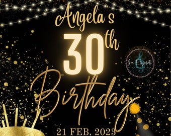May include: A black and gold birthday invitation with the text "Angela's 30th Birthday". The design includes a cake, party hat, and string lights. The date and time are also included.