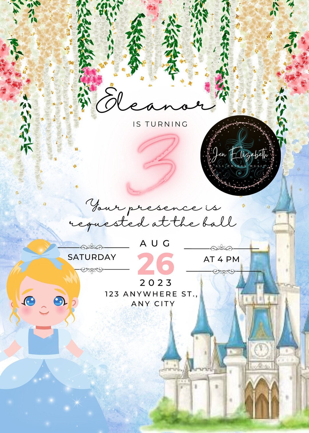 Princess Birthday Invitation Template, Cinderella, Cinderella Party