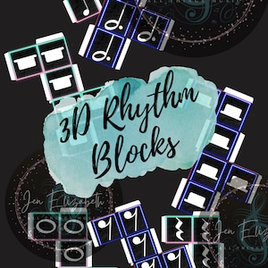 Puede incluir: Un conjunto de bloques de ritmo 3D coloridos con notas y símbolos musicales. Los bloques están hechos de cartón y tienen un fondo negro con acentos blancos y azules. El texto "3D Rhythm Blocks" está escrito en blanco sobre un fondo de acuarela azul.