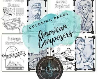 American Composers- coloring pages, set of 4, Music Education, Music Composer, Music Classroom, Music Teacher, Printable coloring