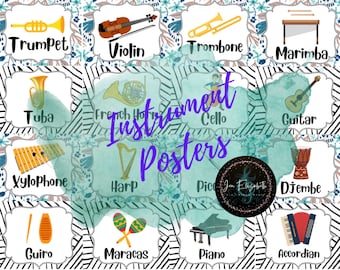 May include: A poster featuring various musical instruments, including a trumpet, violin, trombone, marimba, tuba, French horn, cello, guitar, xylophone, harp, djembe, guiro, maracas, piano, and accordion. The text "Instrument Posters" is also visible.