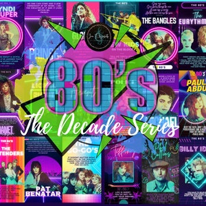 1980s Music Posters- The Decades Series- Set of 18, Music Classroom, 80s Music, 80s party, 80s Decor, 80s poster, Printable Music poster