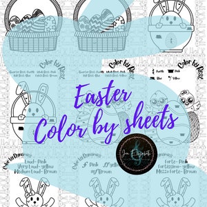 Pode incluir: Um conjunto de seis páginas para colorir de Páscoa imprimíveis com coelhos, ovos e cestas. As páginas são projetadas para que as crianças as colorem por nota ou por descanso, com instruções para cada cor. As páginas são intituladas "Easter Color by Sheets".