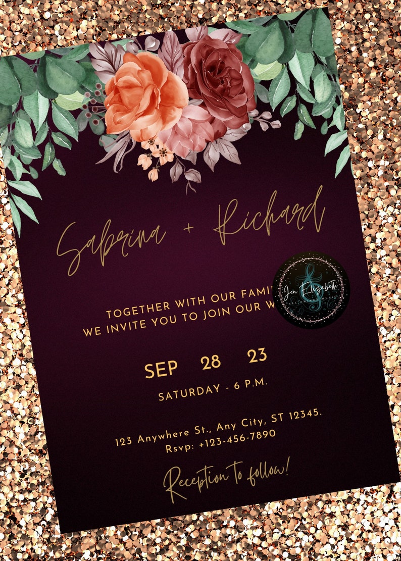 Purple Gold Floral Wedding Invitation Template - Etsy