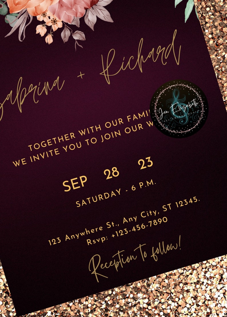 Purple Gold Floral Wedding Invitation Template - Etsy