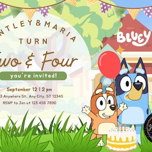 Blu Birthday Invitation Template (Siblings), Dog party invitation, printable siblings birthday invite, Editable blu invitation,kids birthday