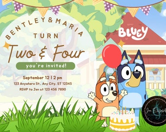 May include: A birthday invitation featuring the cartoon characters Bluey and Bingo from the show Bluey. The invitation is for Bentley and Maria's birthday, with the text "Two & Four you're invited!" and details for the party. The invitation has a green, yellow, and white color scheme.