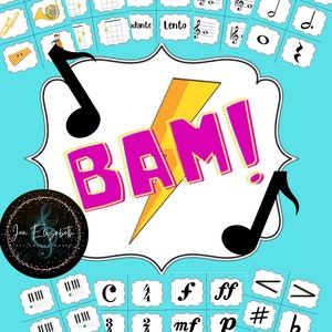 Juego de música BAM, juego de música imprimible, aula de música, educación musical, profesor de música, juego de instrumentos, notas musicales, dinámica, juego de piano