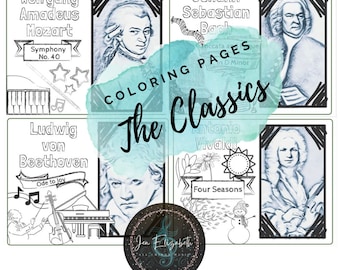 Los clásicos: páginas para colorear, juego de 4, música clásica, colorear música, aula de música, educación musical, compositores musicales