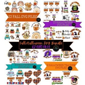 Può includere: Un collage digitale di 67 file SVG autunnali e di Halloween. Le immagini includono zucche, gnomi, fantasmi, streghe e altri design a tema autunnale e di Halloween. Il testo "Fall Halloween SVG Bundle 67 SVG Files" è visualizzato al centro dell'immagine.