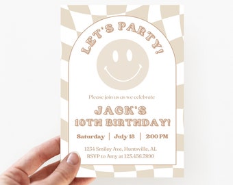 Smiley Face Birthday Party Invite, Retro Checkered Smiley Face Invite, Editable Invitation, Instant Download
