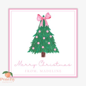 Druckbare Weihnachtsmarke, rosa Schleife Weihnachtsbaum bearbeitbare Geschenkanhänger Vorlage, Weihnachtstasche Tag, sofortiger Download
