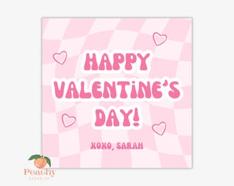Printable Valentine’s Day Tag, Pink Checkered Classroom Valentine’s Day Card, Valentine Treat Bag Tag, Instant Download