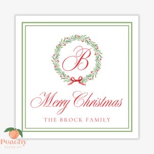 Christmas Gift Tag Printable, Personalized Holiday Tag, Watercolor Wreath Monogram Family Tag, Instant Download
