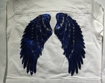 Kids Upcycled Denim Jacket | Custom made Blue Wings Jean Jacket | Kids Gift  . Size 2T