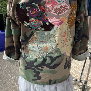 Vintage Upcycled Camo Army Jacket . Handstitched Asian Brocade Lotus Flower Patchwork. Size 8-10