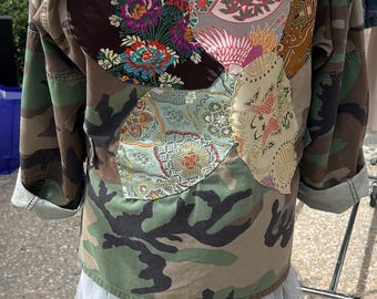 Vintage Upcycled Camo Army Jacket . Handstitched Asian Brocade Lotus Flower Patchwork. Size 8-10