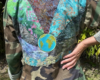 Vintage Upcycled Camo Army Jacket . Handpainted Batik Patchwork. Size 8-10